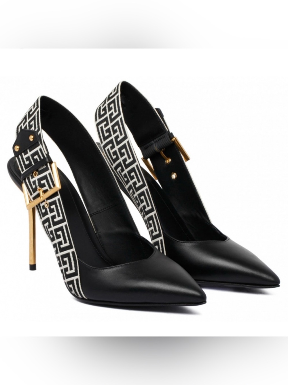 Balmain Black Leather Pointed Slingback Pumps with Geometric Strap